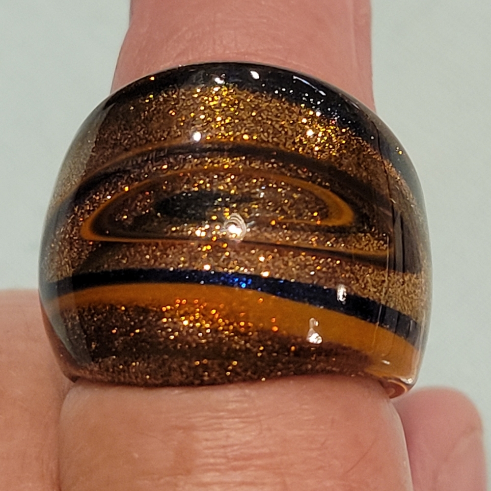 Murano Glass Gold and Black Swirl Ring